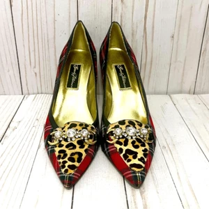 Beverly Feldman Red Plaid Crystal Leopard Patent Leather Pumps 3.5” Size 10M - Picture 1 of 12