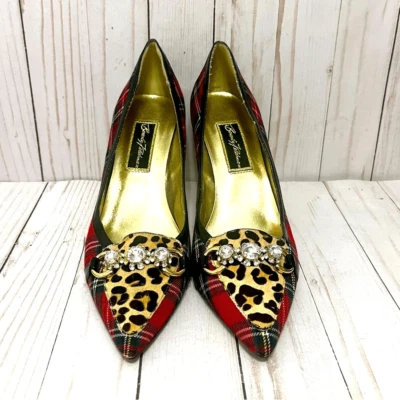 Bombas Beverly Feldman xadrez vermelho cristal leopardo couro envernizado 3,5” tamanho 10M - Imagem 1 de 4