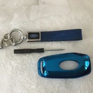 Ford Blue Key Flip Case Cover Holder Keyring Remote Fob Vegan Leather Strap New