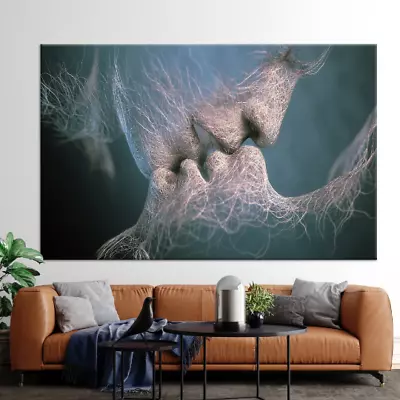 Couple Kiss Canvas Wall Art – Romantic Abstract Modern Bedroom Decor - Image 1 of 4