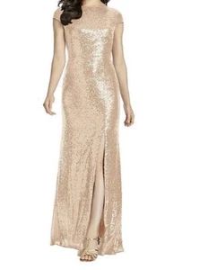 Dessy collection New Rose Gold full Length Cap Sleeve Elle Sequin Dress Sz 4 - Picture 1 of 8