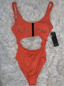 Bebe One Piece Swim Monokini Sexy Bathing Suit Zip Rhinestones Crystals Neon XL - Picture 1 of 4