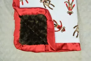 Minky Couture Sock Monkey Baby Blanket Red Brown White Silky Satin Edge Trim - Picture 1 of 8
