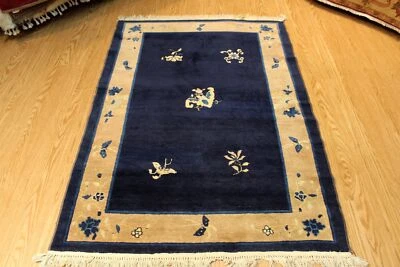 4' X 6' VINTAGE CHINESE RUG, Handmade Hand knotted Genuine Oriental Rug Blue - Image 1 of 4