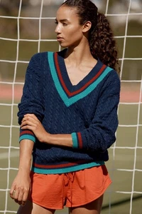 BEACH RIOT Montana V-Neck Cable Knit Sweater Blue Ultra Marine Color Block MED - Picture 1 of 5