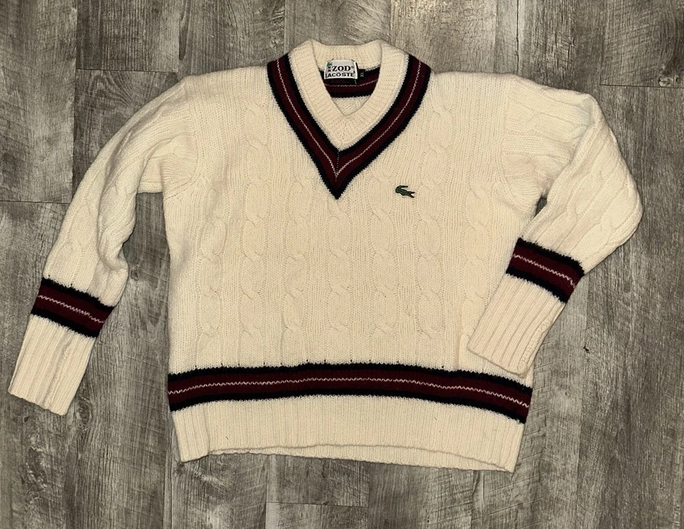Suéter IZOD LACTOSE Vintage XL Grueso Tejido con Cable Crema Lana Cuello en V Pullover Foto 1 de 4