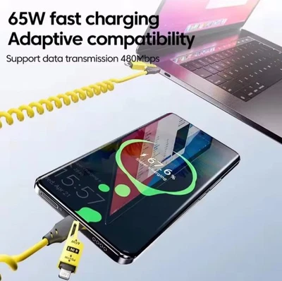 4 in 1 65W Spring Short Data Cable 6A USB Type C Spring Telescopic Quick Charger - Image 1 of 4