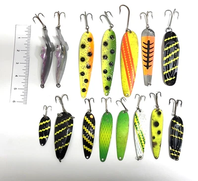 1970s Salmon Lures – 13 Unbranded + 2 Rustowicz – Classic Metal Trolling Spoons - Image 1 of 2