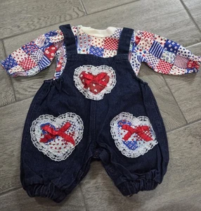 Hopscotch Baby Girl Heart Embroidered Overalls Red White Blue 0-6mo VTG  - Picture 1 of 4