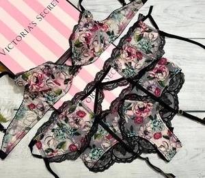 Victoria's Secret Dream Angels Unlined Demi 3 piece Bra Cheekini Garter Set - Picture 1 of 8