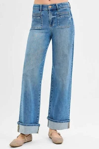 Pantalones de mezclilla RISEN tamaño completo banda elástica tiro medio parche frontal ancho bolsillo puño Plus Si - Imagen 1 de 7