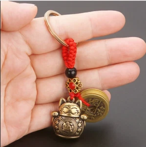 Vintage Pure Handmade Lucky Cat Car Keychain Lucky Cat Five Emperors Money Feng. - Picture 1 of 8