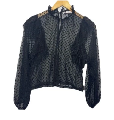 Top Zara negro transparente lunares manga larga con volantes para mujer talla M’s Foto 1 de 4