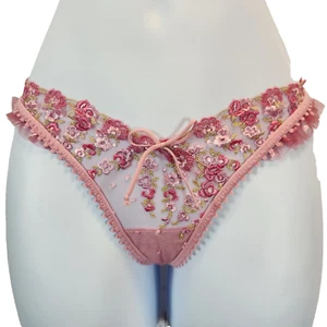 For Love & Lemons Women`s Pink Thong Panty Size XXS NWT Floral Embroidery Sexy - Picture 1 of 6