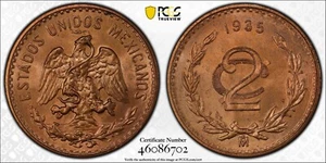 MEXICO ESTADOS UNIDOS 1935 2 CENTAVOS COIN PCGS CERTIFIED UNCIRCULATED MS65-RB - Picture 1 of 6