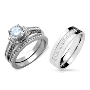 His Hers Luxury Round Cut CZ Engagement Couple RING SET His 9 Round Cut CZs Band - Picture 1 of 8