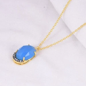 14K Gold Plated Jewelry 925 Sterling Silver Blue Chalcedony CZ Chain Pendant - Picture 1 of 9