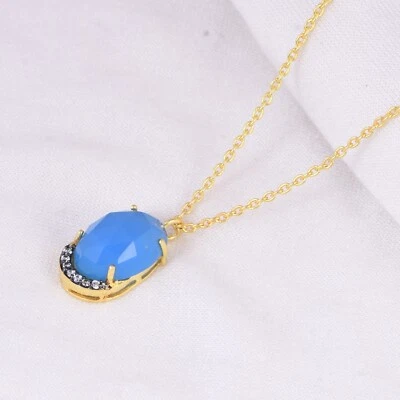 Pingente de corrente folheado a ouro 14K prata esterlina 925 azul calcedônia CZ - Imagem 1 de 4
