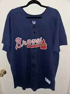 Vintage 1997 Atlanta Braves Russell Athletic Navy Button Up Jersey Men’s Size XL - Picture 1 of 7