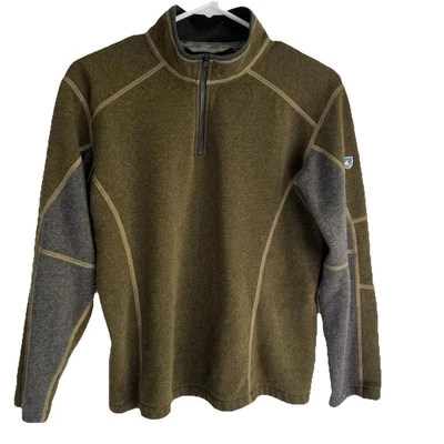 Suéter pulôver Kuhl Kashmira 1/4 com zíper masculino grande (14-16) lã verde cinza Revel - Imagem 1 de 4