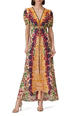 Maxi Vestido Formal Saloni 100% Seda Lea Boho Chic Reloj de Arena Resort Vacaciones 6 Foto 1 de 4