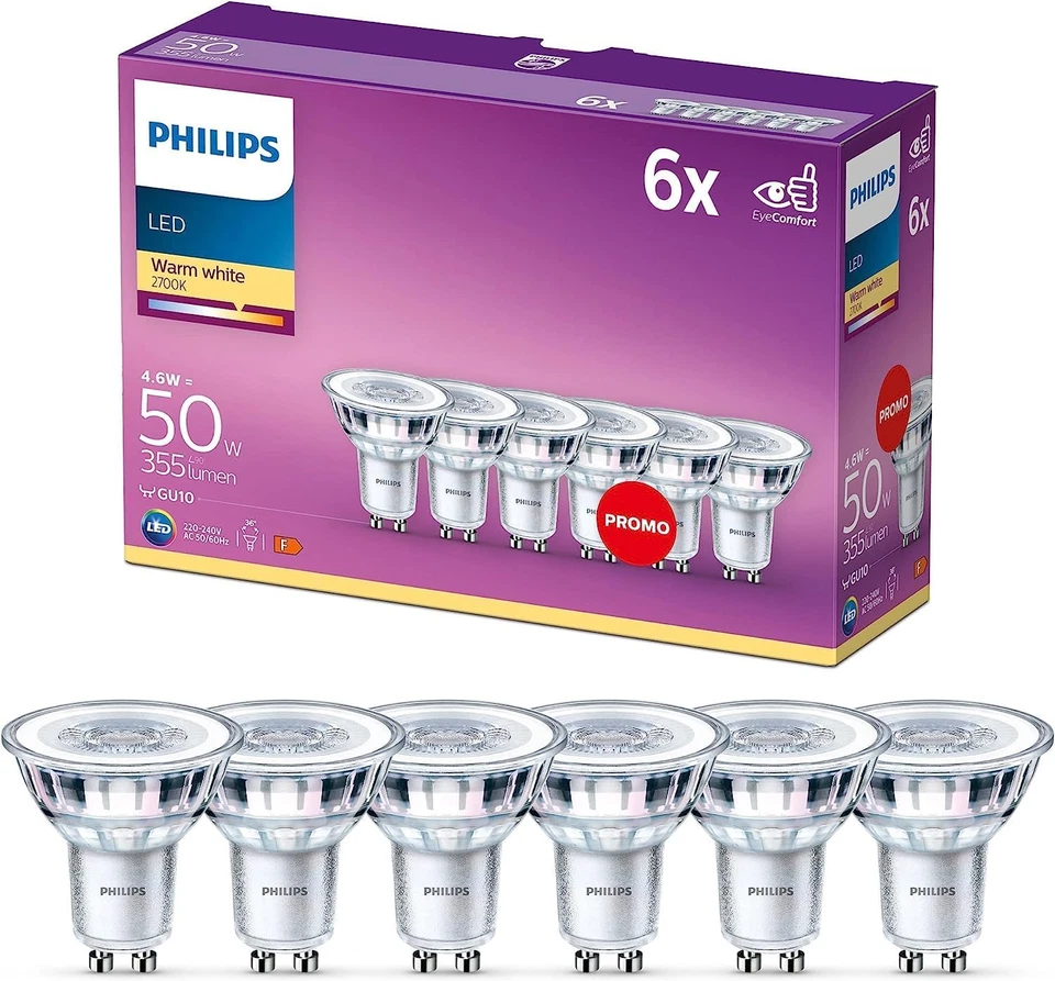 Philips LED Faretto 6 Pz Equivalente a 50W Attacco GU10 Luce Bianca Calda