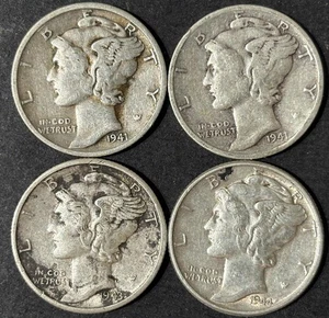 1941-S 1941 S 1943-D 1944 MERCURY 10 CENT SILVER DIME LOT 4 pc - Picture 1 of 2