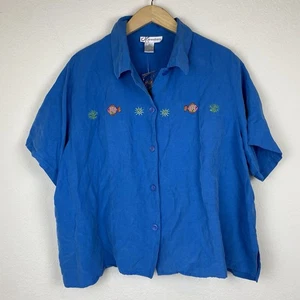 Vintage Dressbarn 24w Silk Linen Shirt Fish Wearable Art Beach Button Up 90s - Picture 1 of 5