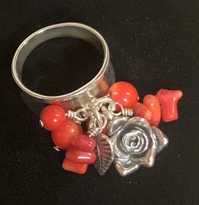 SX Sally C Sterling Silver and Red Coral Charm Ring Size 7 - Picture 1 of 7