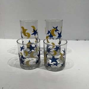 Set of 4 Yellow Moon & Blue Stars Celestial Rocks Drinks Lowball Glasses - Picture 1 of 6