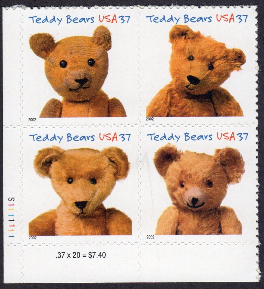 Scott #3656a (3653-56) Teddy Bears Plate Block of 4 Stamps - MNH - Image 1 of 1