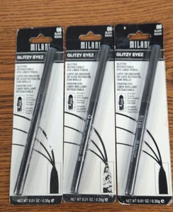 3 PCS NIP MILANI RETRACTABLE GLITTER EYELINER PENCIL #06 BLACK ROCKS .01oz EA - Picture 1 of 3