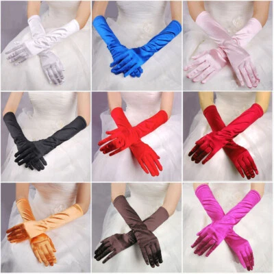 Damen Seidiges Satin Ellenbogen Lange Handschuhe Hochzeit Abend Party Ball Oper - Bild 1 von 4