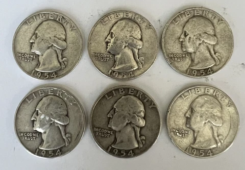 Silver 90% Washington Quarters Lot of 6 Circulated 25C 1954 P D S Cover