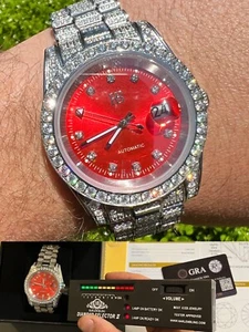 Bust Down MOISSANITE Red Face Presidential Watch Iced Hip Hop Pass Diamond Test - Picture 1 of 12