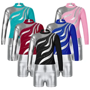 Kids Girls Dance Outfits Cutout Back Stage Performance Outfits Metallic Shiny - Picture 1 of 47