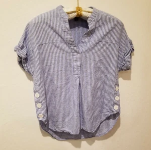 Nicole Miller Womens Linen Striped Popover Blouse Top Small Blue Cap Sleeve - Picture 1 of 6