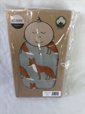 NEW Milkbarn Organic Cotton Muslin Swaddle Blanket Gray w/Orange Fox - 47" x 47" - Image 1 of 4