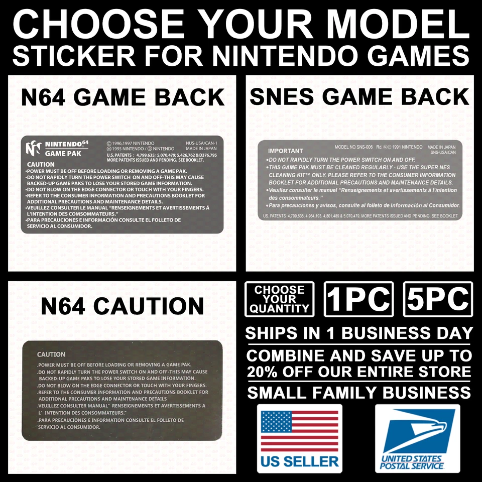 N64/SNES Adhesivo Trasero Adhesivo Adhesivo Repuesto Carro de Juego Cartucho Etiqueta Precortado Foto 1 de 3