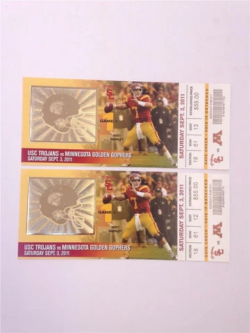 Set of 2 USC Trojans vs. Minnesota Golden Gophers 9/3/11 Full Football Tickets Cover