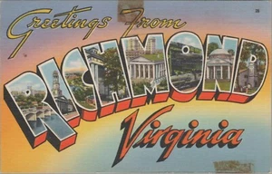 um 1950 Grüße aus Richmond Virginia Großbriefe Leinen Postkarte D53 - Bild 1 von 2