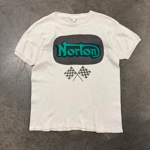 Vintage 60s Norton Motorcycle Racing Checkered T Shirt Size L - Picture 1 of 7