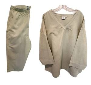 Set 2 pezzi top e pantaloni alla caviglia scollo a V cotone caldo misto lino verde pallido taglia 3X - Foto 1 di 11