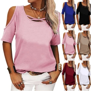 Plus Size Womens Cold Shoulder T Shirt Blouse Summer Plain Casual Tunic Tops Tee - Picture 1 of 22