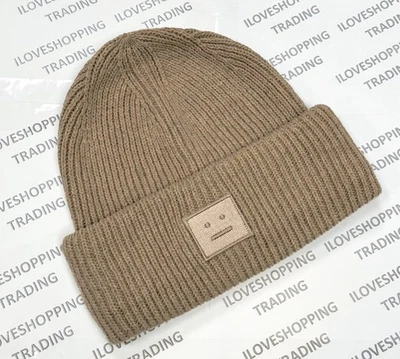 ACNE STUDIOS BROWN UNISEX WOOL-BLEND PANA FACE PLAQUE TURN UP CUFF RIBBED BEANIE
