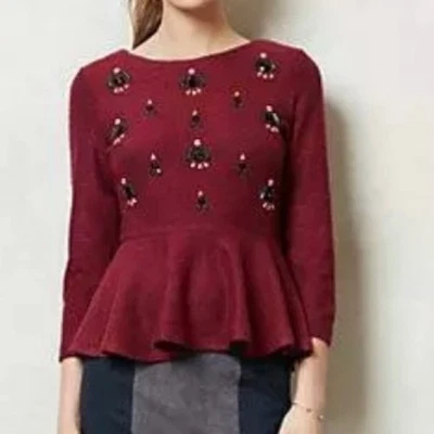 Dolce Vita wool blend purple wine jewel embellished peplum rib knit top small  - Image 1 of 4