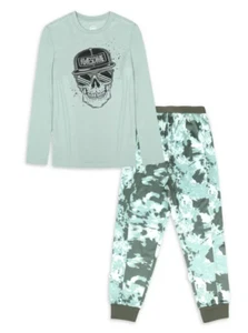 Boys Green Skull Awesome 2 Piece Long Sleeve Top Bottom Pajama Set Size XS New - Picture 1 of 5