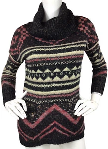 Lucky Brand Wool Blend Cowl Neck Tunic Sweater Aztec Pockets Black Multi Sz S - Picture 1 of 11