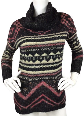 Lucky Brand Wool Blend Cowl Neck Tunic Sweater Aztec Pockets Black Multi Sz S - Image 1 of 4