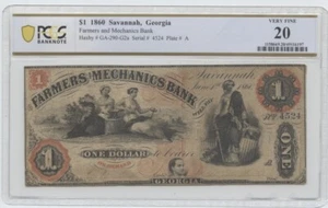 1860 Farmers & Mechanics Bank Savannah, Georgia $1 Obsolete PCGS VF20 - Picture 1 of 2